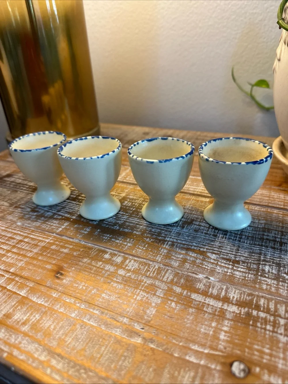 Vintage Ceramic Egg Cups Hand-painted Rooster Design Blue Sponged Rim Easter